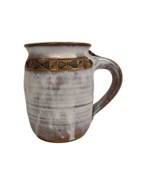 Studio Pottery Mug | White Brown Drip Glaze Stoneware | Rustic Artisan 5"T